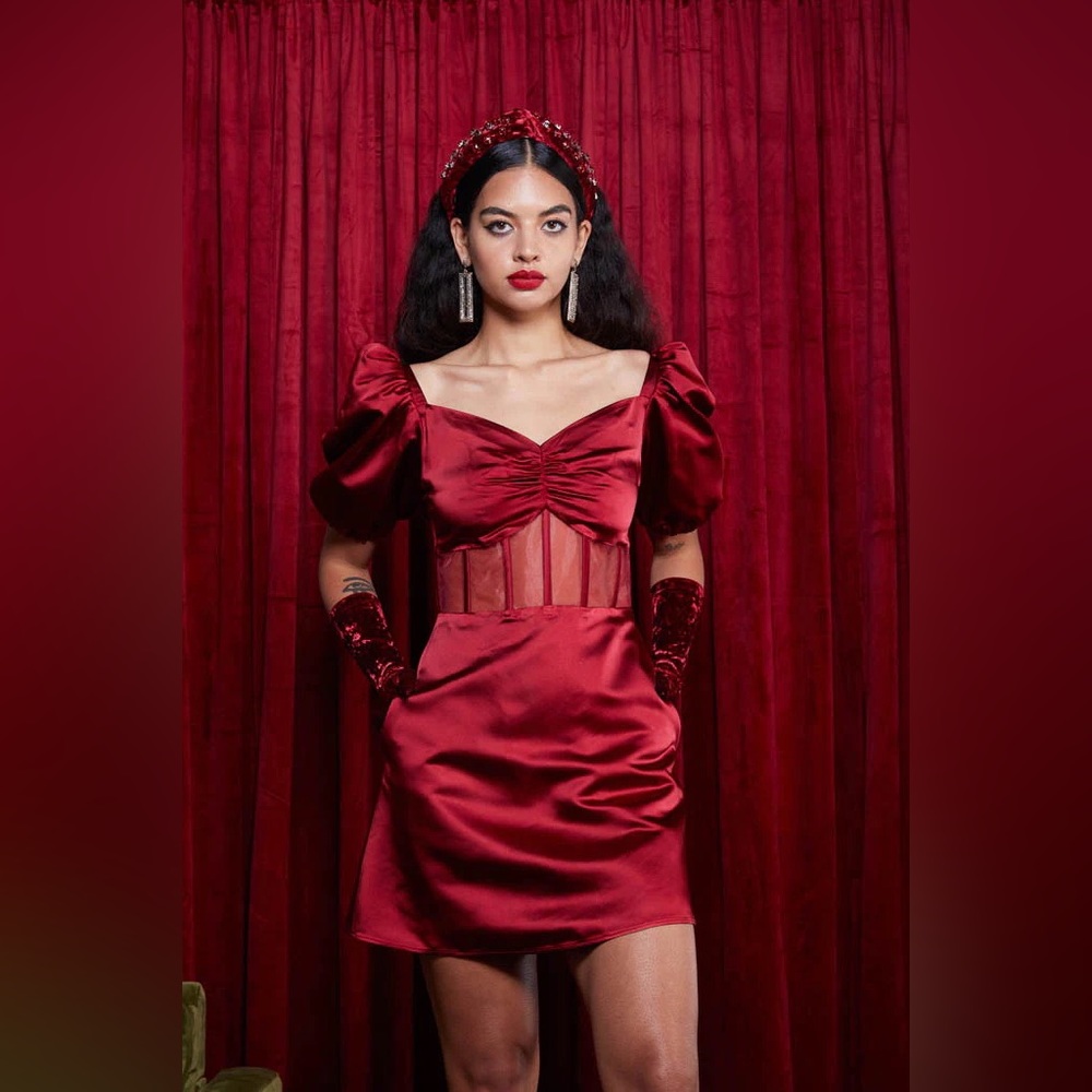 Autumn Adeigbo Clarette Puff Sleeve V-Neck Velvet Dress in Deep Red
